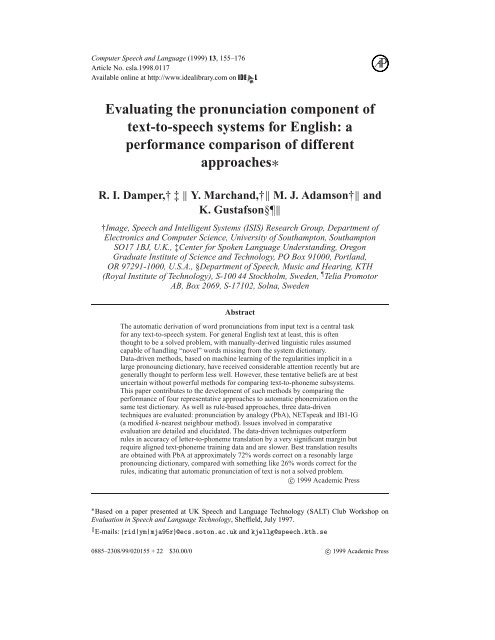 Evaluating The Pronunciation Component Of Text To Speech Systems