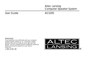 Altec Lansing Computer Speaker System User Guide ACS295 - 4pk.ru