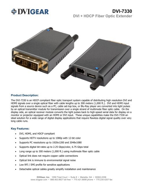 DVIGear: DVI-7330 / DVI+HDCP Fiber Extender / Data Sheet