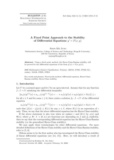 A Fixed Point Approach to the Stability of Differential Equations y ...
