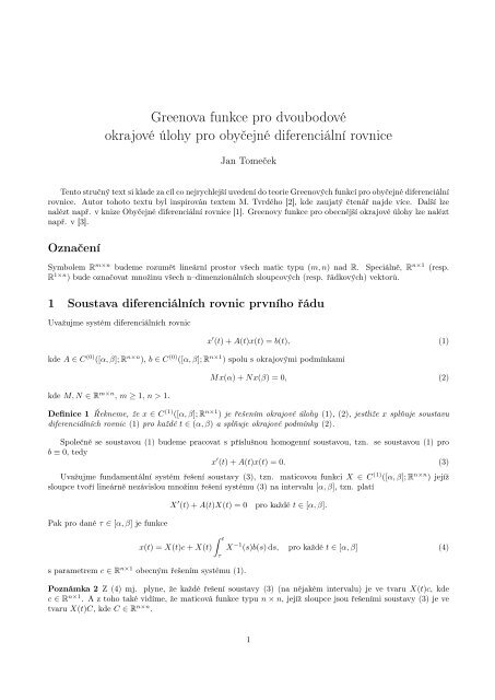 Rychlý úvod do Greenových funkcí pro obyčejné diferenciální rovnice