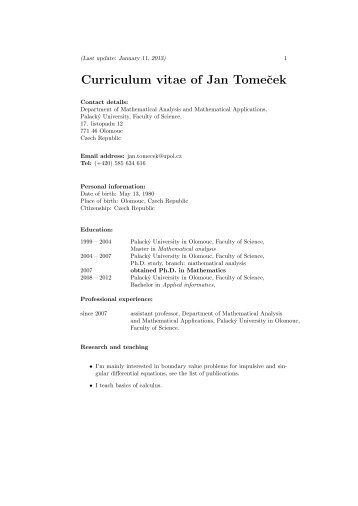 Curriculum vitae of Jan Tomecek