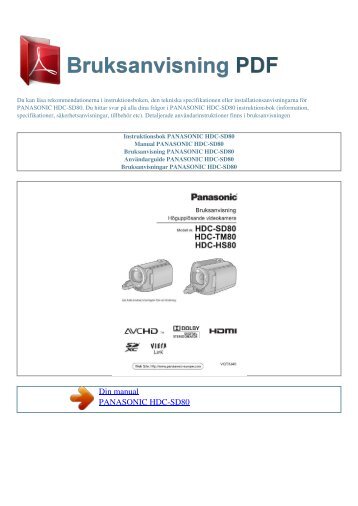 Instruktionsbok PANASONIC HDC-SD80 - BRUKSANVISNING PDF