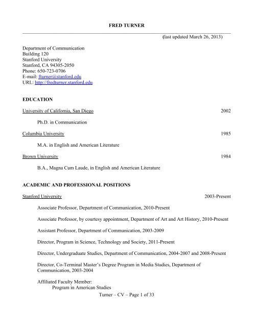 Turner CV March 2013 - Fred Turner - Stanford University