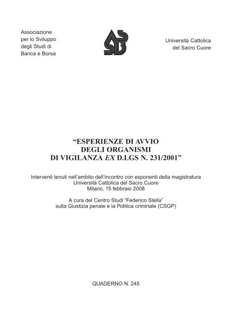 esperienze di avvio degli organismi di vigilanza ex d.lgs n. 231/2001