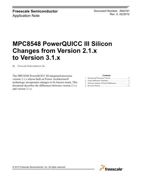 MPC8548 PowerQUICC III Silicon Changes from Version 2.1.x to ...