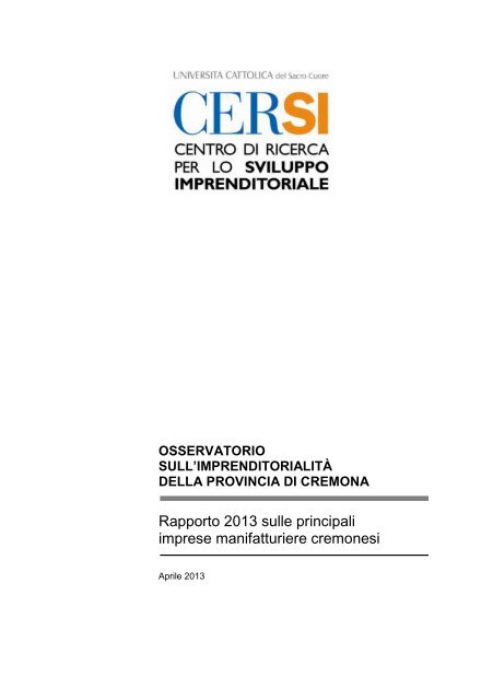 Rapporto 2013 sulle imprese manifatturiere cremonesi - Centri di ...