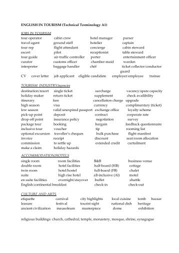 ENGLISH IN TOURISM (Technical Terminology A1) JOBS IN ...