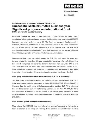 Successful Miele 2007/2008 business year Significant progress on ...