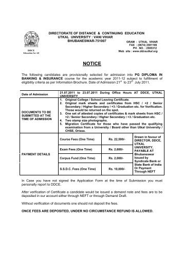 NOTICE - DDCE, Utkal University, Bhubaneswar