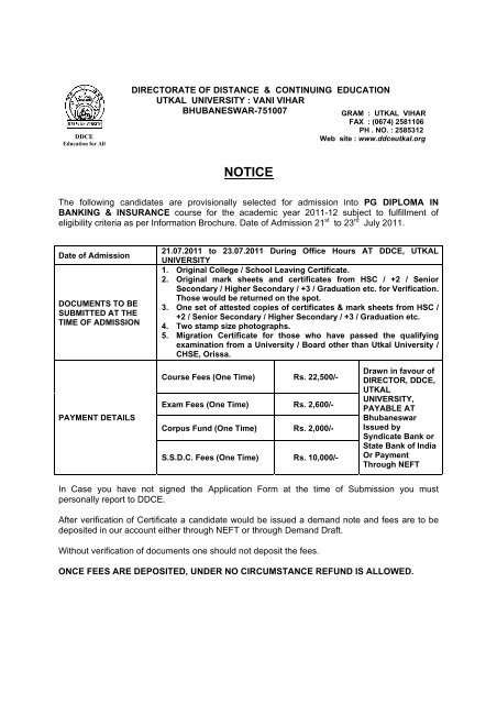 NOTICE DDCE Utkal University Bhubaneswar NOTICE DDCE Utkal University Bhubaneswar