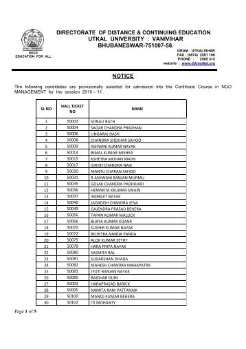 utkal university : vanivihar bhubaneswar-751007-58. notice