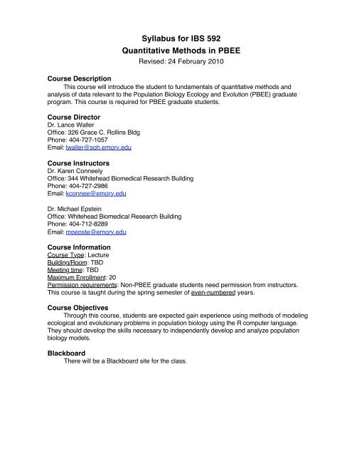 Syllabus for IBS 592 Quantitative Methods in PBEE - Emory ...