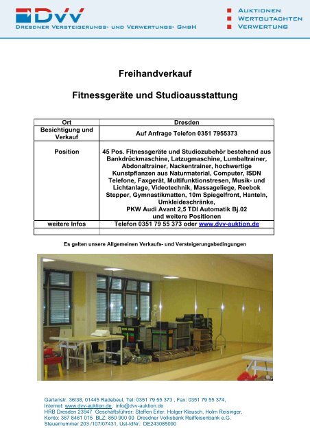 Freihandverkauf Fitnessgeräte und Studioausstattung - DVV-Auktion