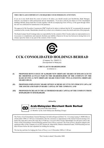 CCK CONSOLIDATED HOLDINGS BERHAD - Announcements