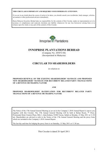 innoprise plantations berhad - Announcements - Bursa Malaysia