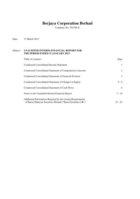 Berjaya Corporation Berhad Announcements Bursa Malaysia