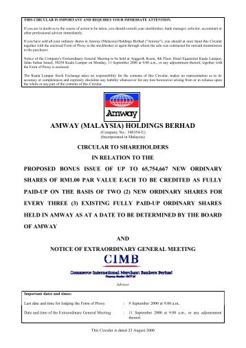 AMWAY (MALAYSIA) HOLDINGS BERHAD - Announcements