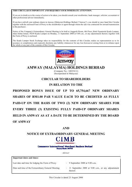 Amway Malaysia Holdings Berhad Announcements
