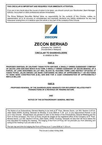 ZECON BERHAD - Announcements - Bursa Malaysia