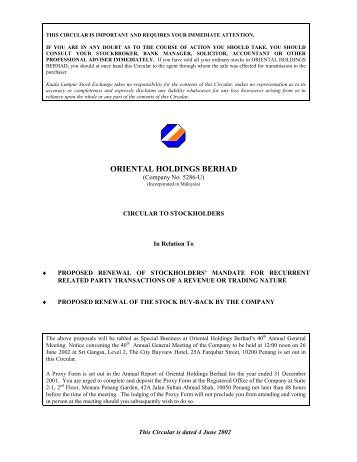 ORIENTAL HOLDINGS BERHAD - Announcements