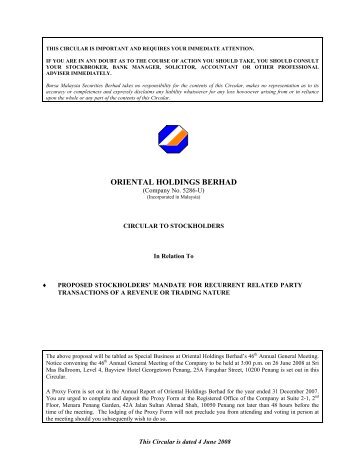 ORIENTAL HOLDINGS BERHAD - Announcements - Bursa Malaysia