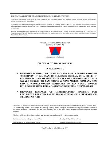 CIRCULAR TO SHAREHOLDERS IN RELATION ... - Announcements
