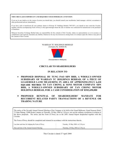 CIRCULAR TO SHAREHOLDERS IN RELATION ... - Announcements