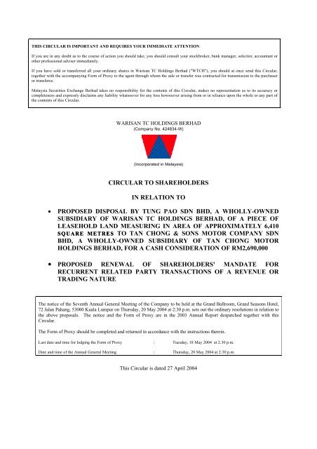 Circular To Shareholders In Relation Announcements
