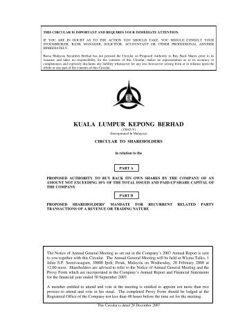 kuala lumpur kepong berhad - Announcements - Bursa Malaysia
