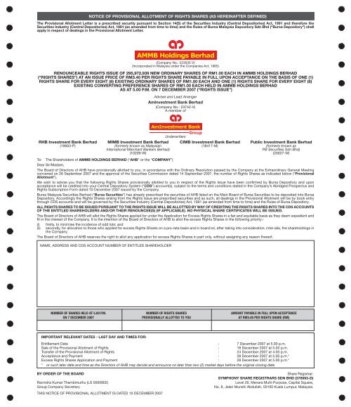 NOTICE OF PROVISIONAL ALLOTMENT OF RIGHTS SHARES (AS ...