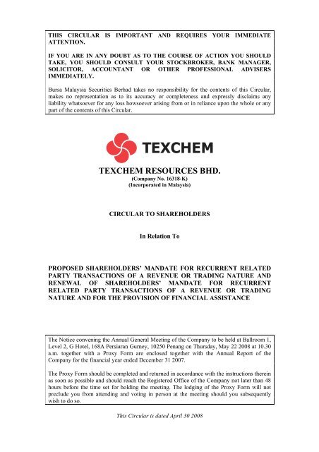TEXCHEM RESOURCES BHD. - Announcements - Bursa Malaysia