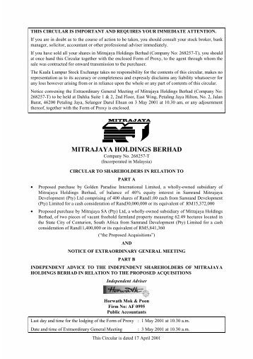 MITRAJAYA HOLDINGS BERHAD - Announcements