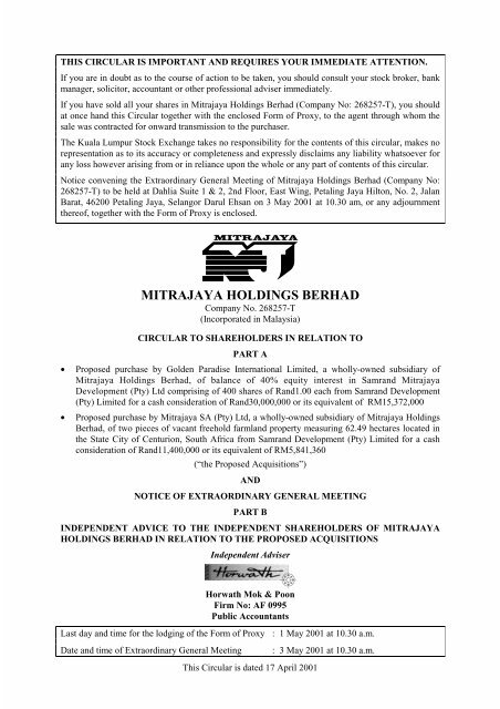 MITRAJAYA HOLDINGS BERHAD - Announcements