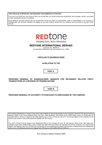 redtone international berhad - Announcements - Bursa Malaysia