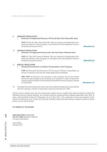 tomypak holdings berhad annual report 2012 - Announcements ...