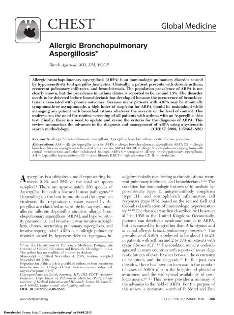 Allergic bronchopulmonary aspergillosis - CHEST Publications ...