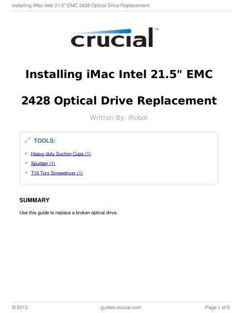 Installing iMac Intel 21.5" EMC 2428 Optical Drive Replacement