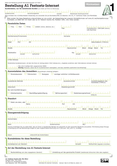 Bestellung A1 Festnetz-Internet - A1.net