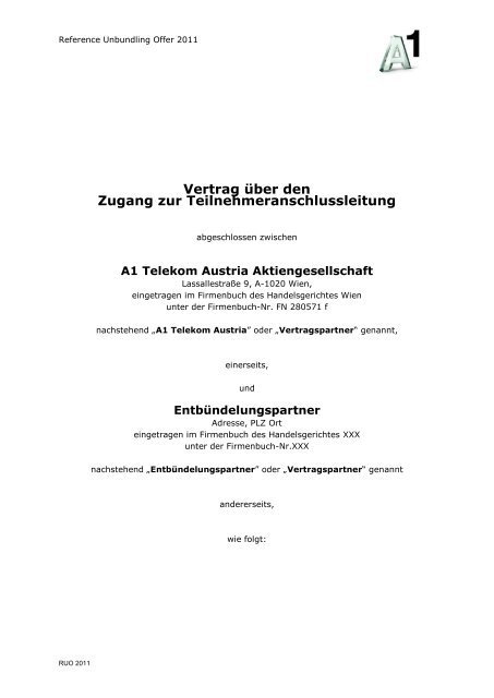 Vertrag über den Zugang zur Teilnehmeranschlussleitung - A1.net