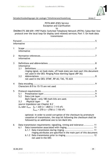 Netzabschlussbedingungen der analogen ... - A1.net