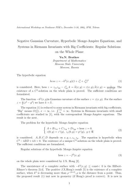 Negative Gaussian Curvature, Hyperbolic Monge-Amp`ere ... - IPM
