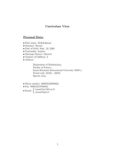Curriculum Vitae Personal Data: - Math - IPM