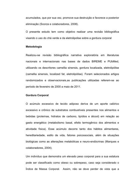 uso do chá verde e da eletrolipolise sobre a gordura corporal - Unijuí