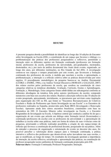 OS ENCONTROS SOBRE INVESTIGAÇÃO NA ESCOLA ... - Unijuí