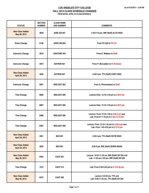 Class Schedule Changes.xlsx - Los Angeles City College