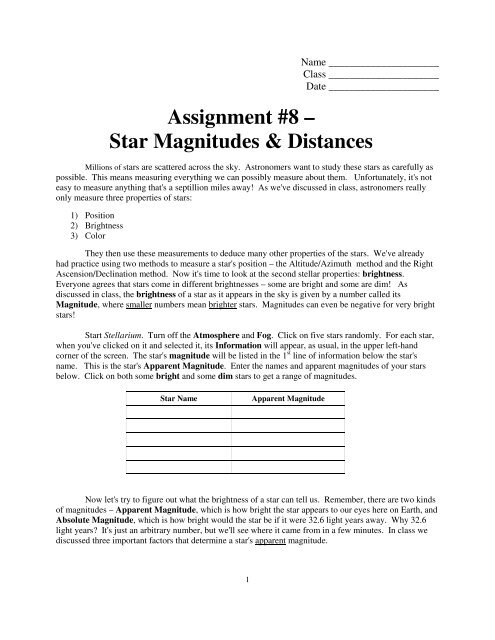 Assignment #8 – Star Magnitudes & Distances - Faculty Web Pages
