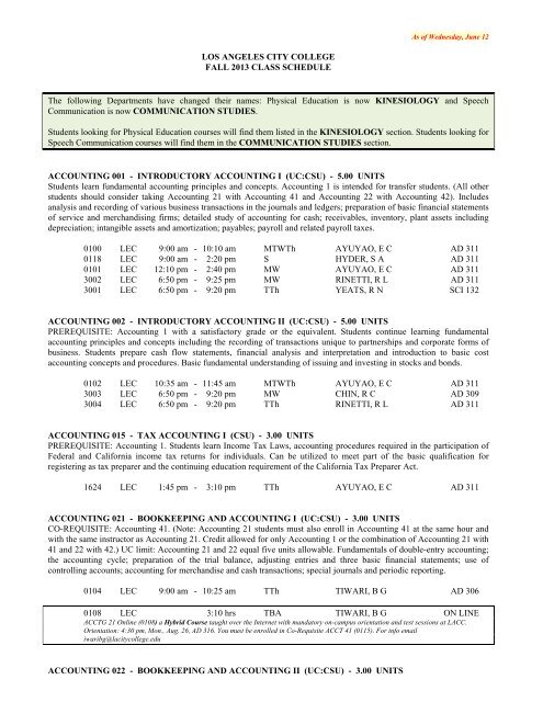 LOS ANGELES CITY COLLEGE FALL 2013 CLASS SCHEDULE ...