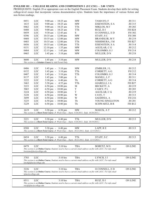 LOS ANGELES CITY COLLEGE FALL 2013 CLASS SCHEDULE ...