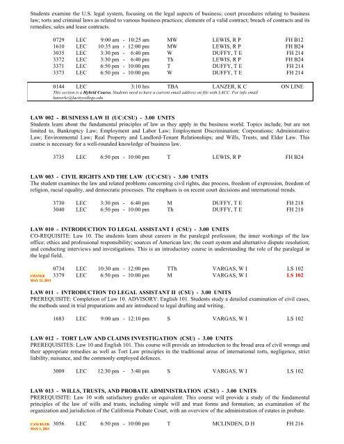 LOS ANGELES CITY COLLEGE FALL 2013 CLASS SCHEDULE ...